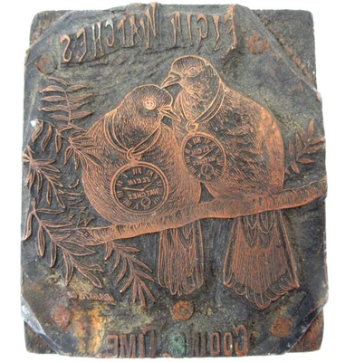 Bloco de impressão tipográfica Elgin relógios Cooing Time vintage antigo - Imagem 1 de 4