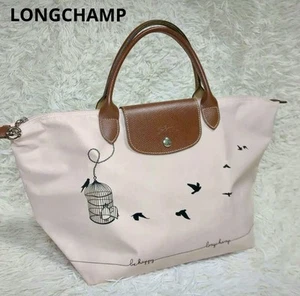 Limited LONGCHAMP Le Pliage Tote Pink Bird Heart Design Authentic Pre-owned - Picture 1 of 10