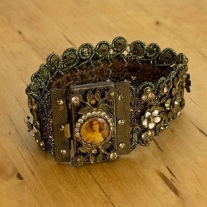 Vintage Michal Negrin Victorian Lady Rhinestone Enamel Lace Floral Bracelet - Picture 1 of 21