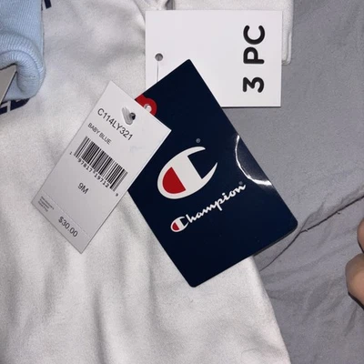 Champion Infantil Conjunto de 3 Piezas Body Pantalones y Sombrero Nuevo Talla 9 Meses Nuevo con Etiquetas Foto 1 de 4