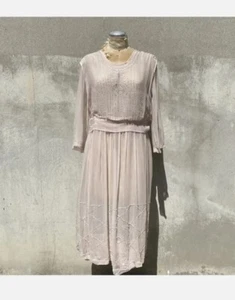Antique 1920s Pale Pink Silk Chiffon Dress Floral Bugle Beading Eye Long Sleeve - Picture 1 of 14