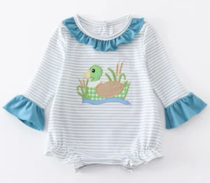 Baby Girl Duck Applique Bubble Romper Ruffle Trim, Embroidered, Great Gift - Picture 1 of 10