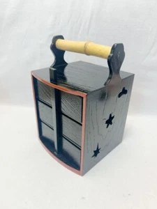 Lacquered Black Wooden Bento Box, Three-Tiered Design w/Bamboo Handle - Picture 1 of 7