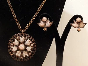 Necklace Earring Set copper tone with pink/white and copper speckle cabochons - Picture 1 of 6