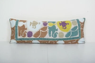 Lumbar King Bed Vintage Cotton Suzani Pillow Cover, Exquisite 11" x 30" - Image 1 of 4