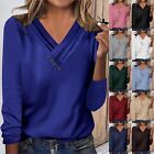 Womens Long Sleeve Button V Neck Tops Casual Loose Solid Tunic Tops Blouse Shirt
