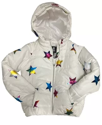 R 1881 By S Rothschild Star Foil-Print Hooded Puffer Coat Girls M 10/12 White - Image 1 of 4