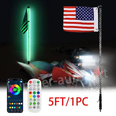 5FT LED RGB Whip Light Spiral Antenna Flag Pole Remote & APP Control for ATV UTV - Image 1 of 4