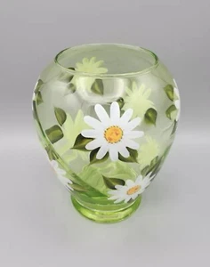 Vintage Green Glass Vase Hand Painted Daisy Floral Swirl Tele-flora - Picture 1 of 5