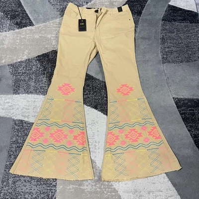 Pantalones L&B Lucky & Blessed para mujer 14 bronceados tiro alto acampanados campana estampado azteca Foto 1 de 4