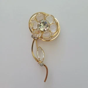 Vintage Floral Brooch Pin Clear Rhinestones Prong Set Gold Tone 2.75” - Picture 1 of 6