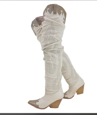 Women's Embroidered Chunky Heel Over the Knee High Boots US8 - Image 1 of 2