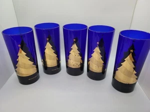 5 Kobaltblaue CULVER Vintage Longdrinkgläser Metallic Gold Weihnachtsbäume - Bild 1 von 8