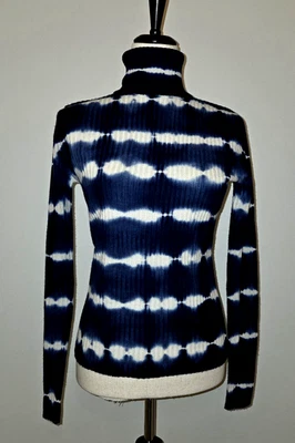 Suéter Otoño Cachemira Acanalado Tejido Cuello Alto Azul Tie Dye M Lujo Preppy Boho Foto 1 de 4