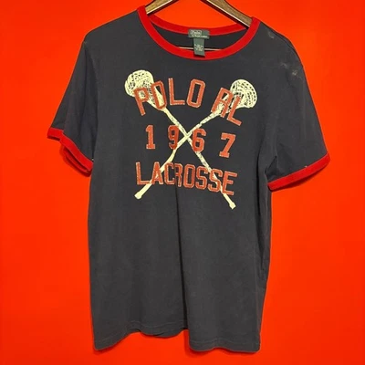 Polo Ralph Lauren Lacrosse 1967 Graphic T Shirt Red Trim Blue XL (18-20) Kids - Image 1 of 4