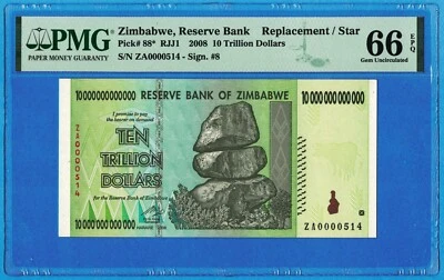 10 Trillion Dollars Zimbabwe 2008 P88* PMG 66 EPQ UNC 100 % Certified Authentic - Image 1 of 4