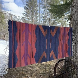 Native Tribal Hand Woven Wool Rug ART Kilim Flat Weave Geometric Purple Blue 65” - Picture 1 of 24