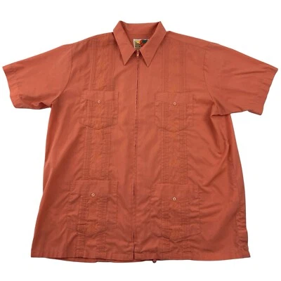 Vintage Haband Guayabera Shirt Mens L 4 Pocket Embroidered Full Zip Coral - Image 1 of 4