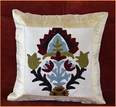 Silk Brocade Suzani Embroidery Hand Made Beige Pillow Cover/Cushion Cover India - Image 1 of 4