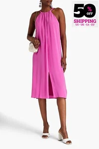 RRP €550 JOIE Silk Midi Dress Size L Pink Lined Gathered Sleeveless Crew Neck - Picture 1 of 6