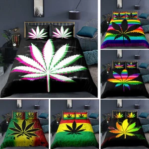 Colorful Weeds Cannabis Bedding Set Duvet Cover Comforter Queen King Bed Cover - Picture 1 of 11