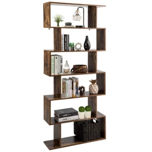 6 Tier S-Shaped Bookcase Z-Shelf Design Display Bookshelf For Apartments Brown - Picture 1 of 6