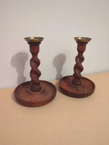 Pair of Antique Wood Twisted Gold Brass Candlestick Holder Candle Stick Handle - Picture 1 of 6