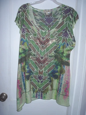 NUEVA BLUSA MUJER LIVE AND LET LIVE VERDE MULTICOLOR con LENTEJUELAS Talla XL TOP NUEVA SIN ETIQUETAS Foto 1 de 4