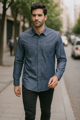 Weatherproof Vintage Denim Chambray Blue Button-Down Shirt Large - Image 1 of 4