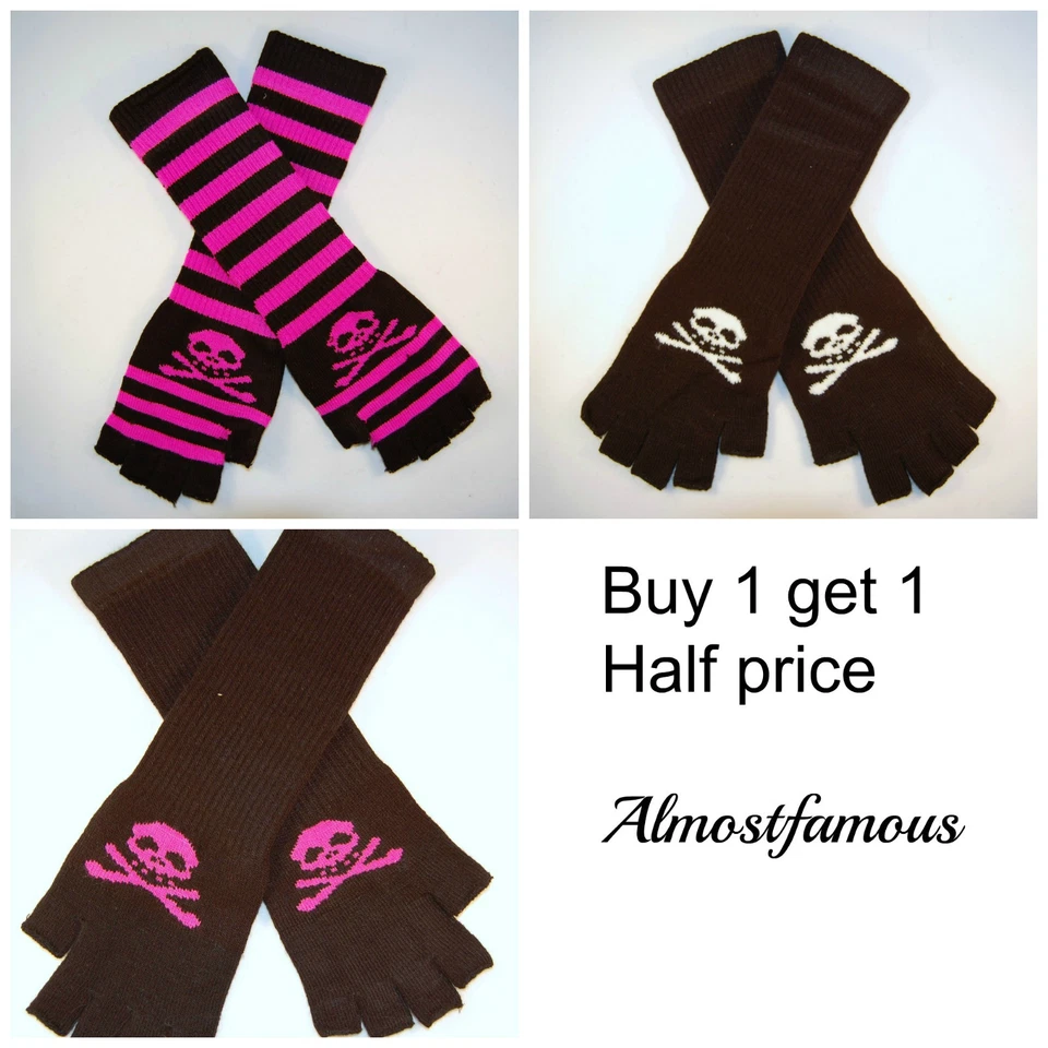  Guanti lunghi a righe teschio magico taglia unica senza dita emo gotico punk  - Immagine 1 di 1