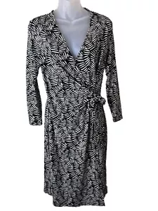 Anne Klein Faux Wrap Dress Size 6 V-Neck Black Beige Geometric Floral - Picture 1 of 6