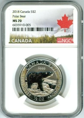 2018 $2 CANADA 1/2OZ .9999 SILVER NGC MS70 POLAR BEAR - Image 1 of 2