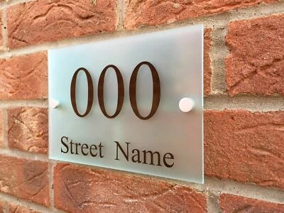 MODERN HOUSE SIGN PLAQUE DOOR NUMBER + STREET NAME FROSTED GLASS ACRYLIC - Image 1 of 2