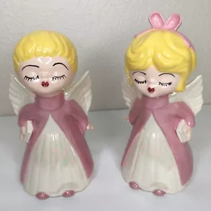 "Set di 2 statuette natalizie vintage angeli rosa dipinti a mano smaltati 7 1/2" - Foto 1 di 10