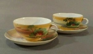 Vintage Teacup Set for 2 Made in Japan Peaceful Sunrise Cabin Lake Takito TT VTG - Picture 1 of 12