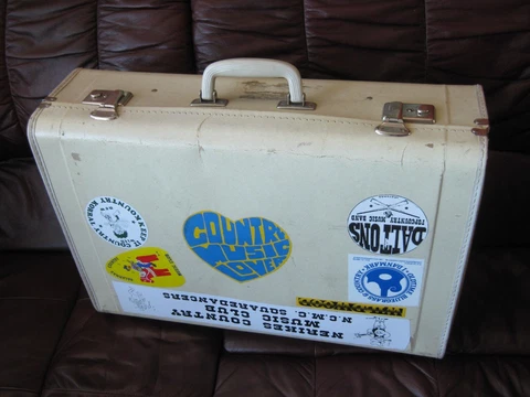 old Vintage Swedish cardboard white  suitcase trunk  wood Country musician Cover