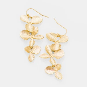 Designer Inspired Triple Metal Bloom Flower Dangle Earrings - Picture 1 of 4