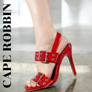 NWT CAPE ROBBIN Winonah RED Buckle/Silver Grommet Accented 4” Stiletto Heels/9M - Picture 1 of 17