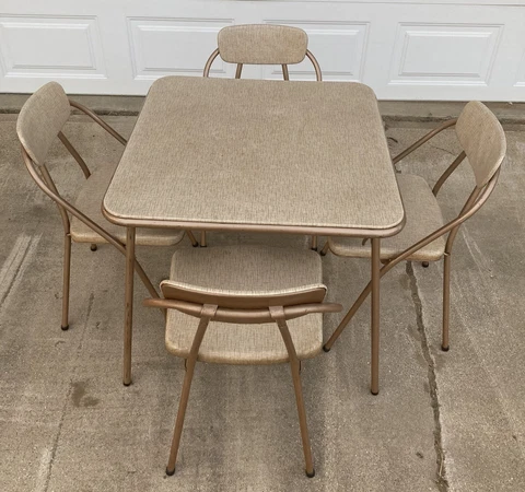 Set of 4 Hamilton Cosco Stylaire Folding Chairs Model 90 w Matching Card Table Cover