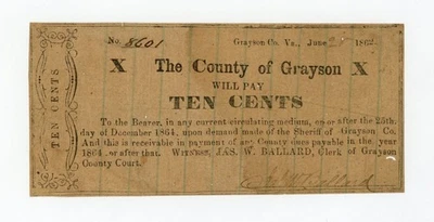 1862 10c The County of Grayson - Independence, VIRGINIA Note CIVIL WAR Era - Image 1 of 2