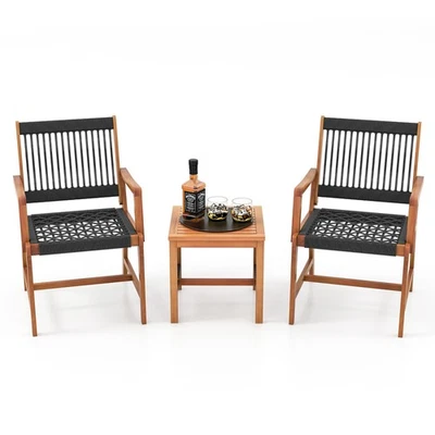 3 PCS Solid Acacia Wood Patio Set All-Weather Rope Woven Chair Garden Poolside - Image 1 of 4