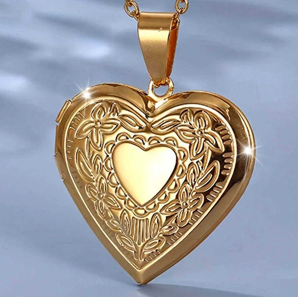 Womens Locket Necklaces Heart Pendant 18K Gold Plated Stainless Steel Chain New - Image 1 of 4