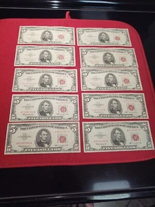 $5 Red Seal Bank Note Lot of 10 US Notes from the Series of 1963 VF/XF - Picture 1 of 8