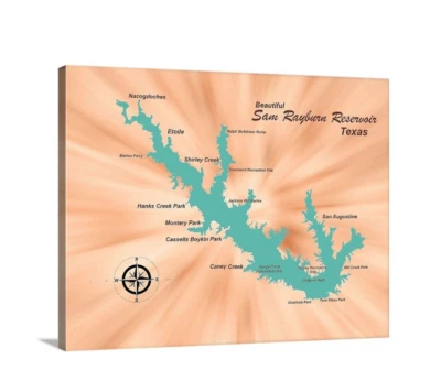 Póster o envoltura de lienzo Sam Rayburn Reservoir Texas Arial Map a Fishing Paradise Foto 1 de 3