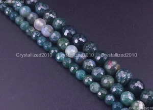 Faceted Natural Green Moss Agate Gemstone Round Beads 4mm 6mm 8mm 10mm 12mm 15" - Picture 1 of 11