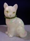 Fenton Iridescent Pearlized Glass Cat With Rhinestone Collar Figurine