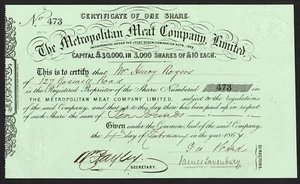 Metropolitan Meat Company Ltd., £10 share, 186[7], *Sale Price* - Picture 1 of 1
