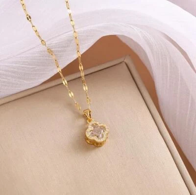 Collar de trébol de cuatro hojas de trébol de circón joyería de moda bisutería de acero inoxidable. Foto 1 de 4