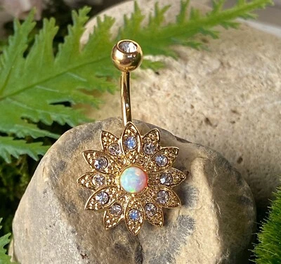 Gemas pavimentadas flor ópalo ombligo anillo perforado ombligo IP 14kt oro, oro rosa Foto 1 de 4