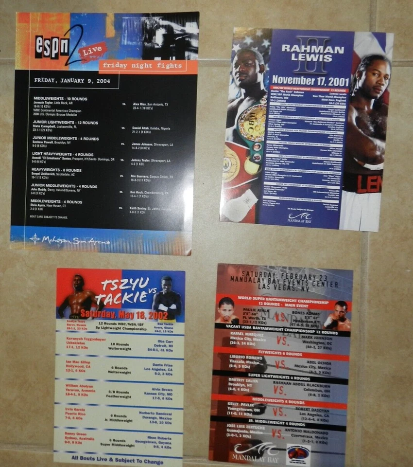 BOXING ON-SITE ORIGINAL BOUT CARDS (4) LEWIS VS RAHMAN, TSZYU VS TACKIE, AYALA - Image 1 of 1